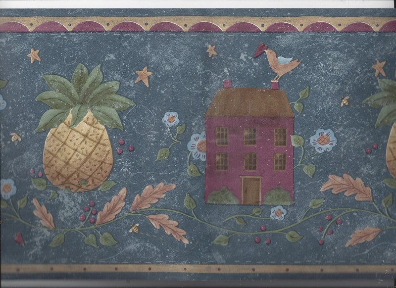 FLORK ART PRIMITIVE PINEAPPLE HOUSE BIRDS WALLPAPER BORDER NEW ARRIVAL FLOWERS gallery