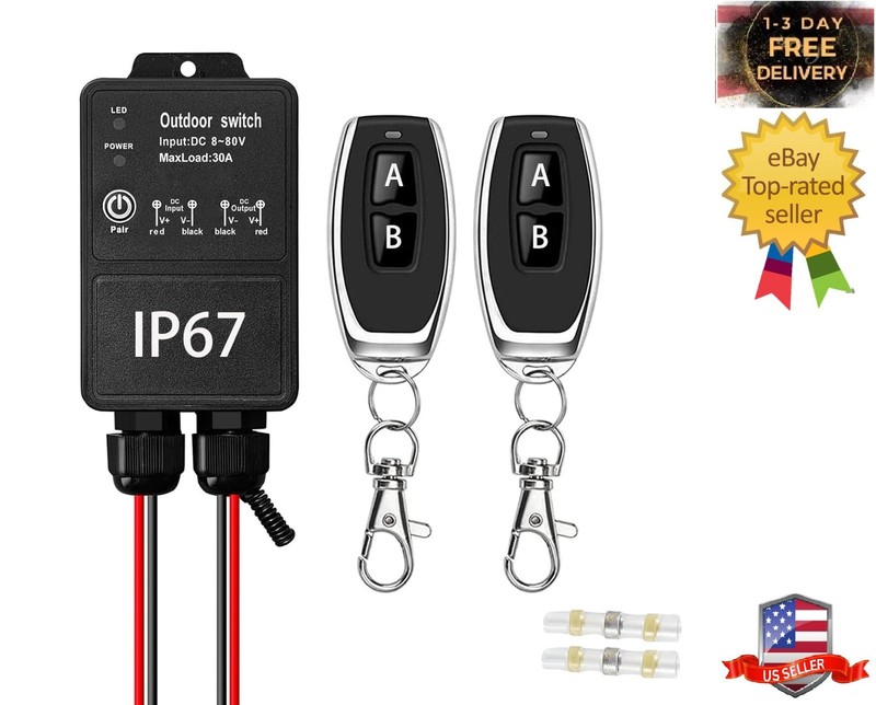 12V Remote Control Switch. IP67 Waterproof DC8-80V 30A Relay Wireless Switch wit