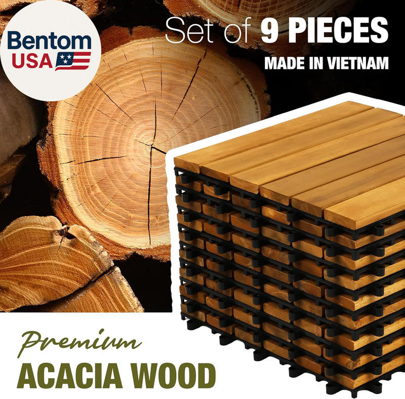 Premium Acacia Wood Interlocking Deck Tiles, 9 PCS 12"X12"X0.9" Floor Tiles, Wat gallery