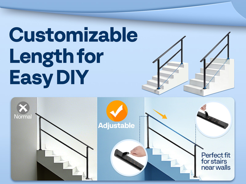 Outdoor Stair Handrail 2-6 Step Adjustable Railing Galvanized Steel Black 2 Pack gallery