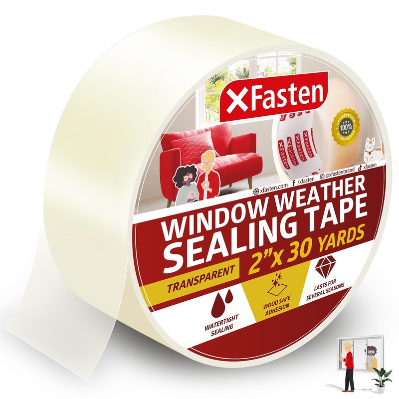 XFasten Transparent Window Weather Sealing Tape, 2-Inch x 2″ x 30Yds, Clear