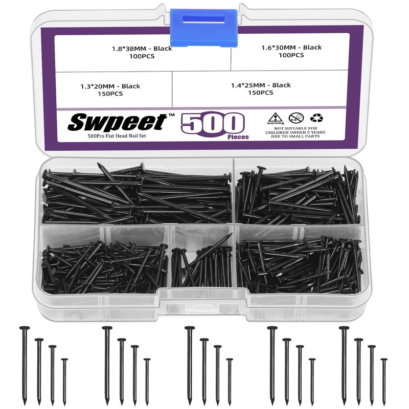 500Pcs 4 Sizes Hardware Nails Assortment Kit, Black Galvanized Nails, Small N…