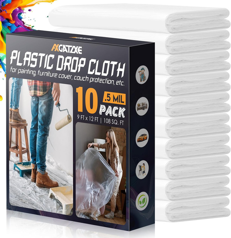 Transparent Plastic Drop Cloth 12 x 9 FT Waterproof Painter Tarp Cover 10 Pack
