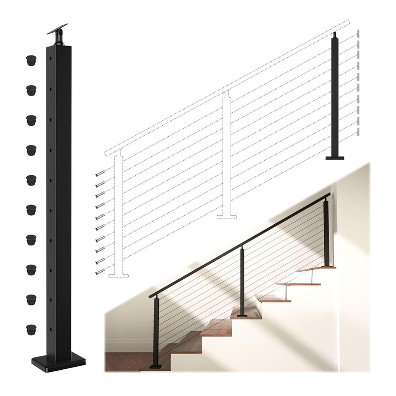 Black 36 Inch Stair Cable Railing Post for 25-35 Degrees Stair Surface Mount T30