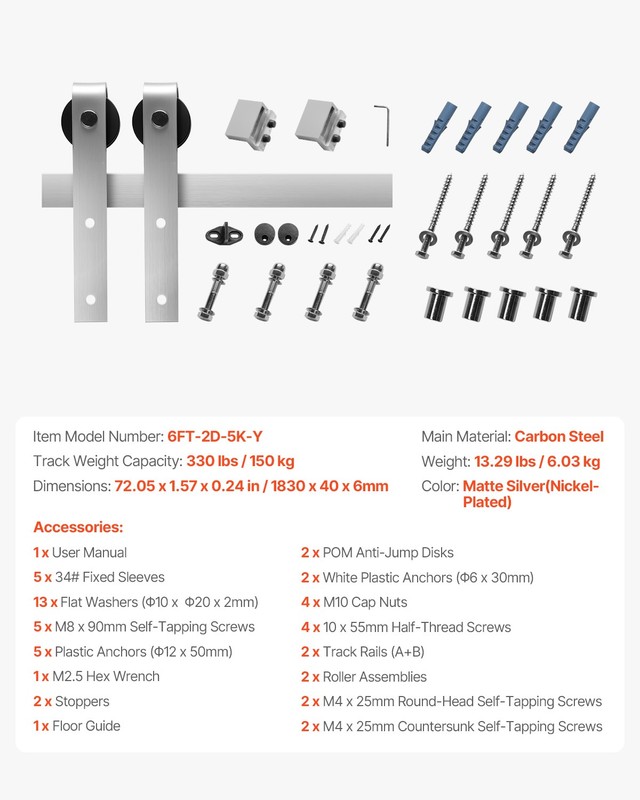 VEVOR 6FT Sliding Barn Door Hardware Kit for Single Sliding Barn Door Silver gallery