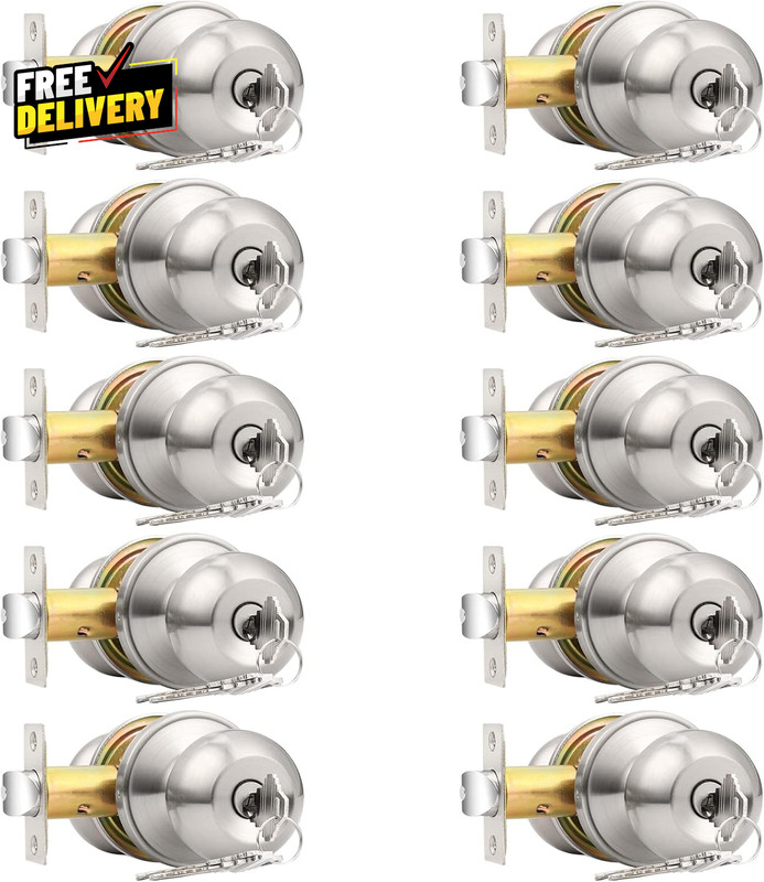 10 Pack Keyed Alike Entry Door Knobs with Keys Brushed Nickel Ball Lockset…