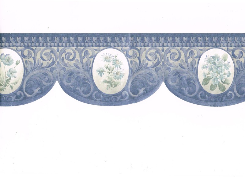 Blue Flower Floral Scroll Sculptured Die Cut Silk Shiny Sheen Wall paper Border gallery