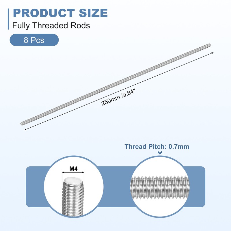 8Pcs M4-0.7x250mm Fully Threaded Rods, 304 Stainless Steel Thread Bar Studs gallery