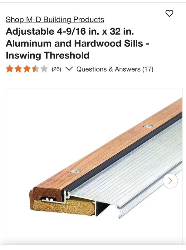 4-9/16 In. X 1-1/8 In. X 32 In. Silver Adjustable Aluminum & Hardwood Threshold