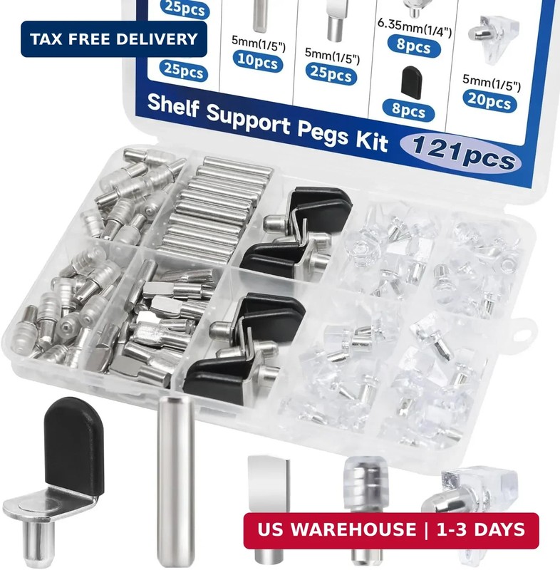 121PCS Cabinet Shelf Support Pegs Kit 5 Styles Pins for Wood Shelving Nickel Pla