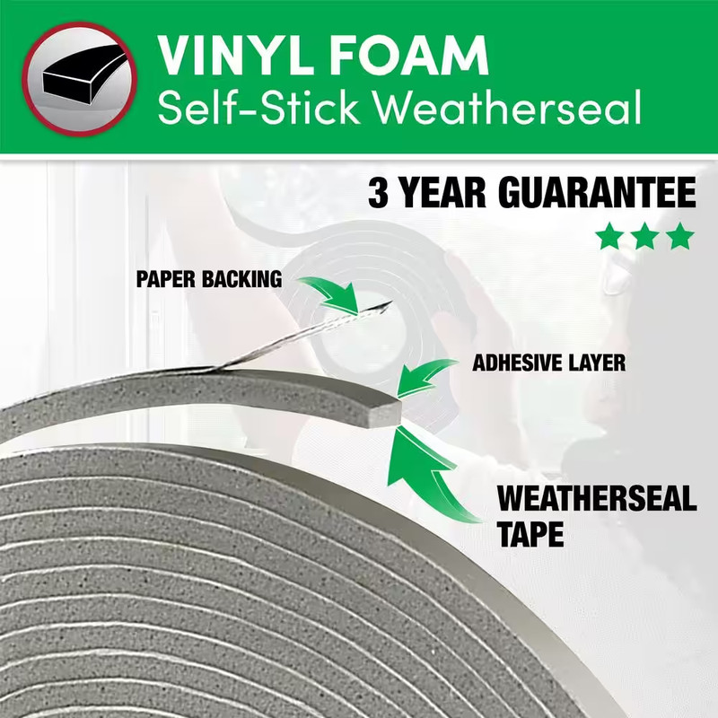 3/4 In. X 1/2 In. 10 Ft. Grey Vinyl Foam Weather Seal Self Stick Tape gallery