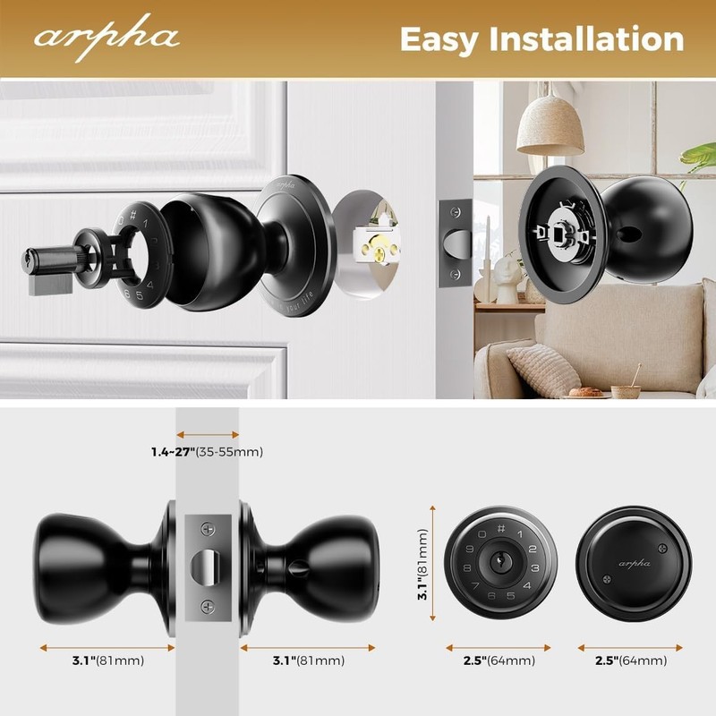 ARPHA Keyless Smart Door Knob Fingerprint Entry Auto Lock Handle D258 Door Lock gallery