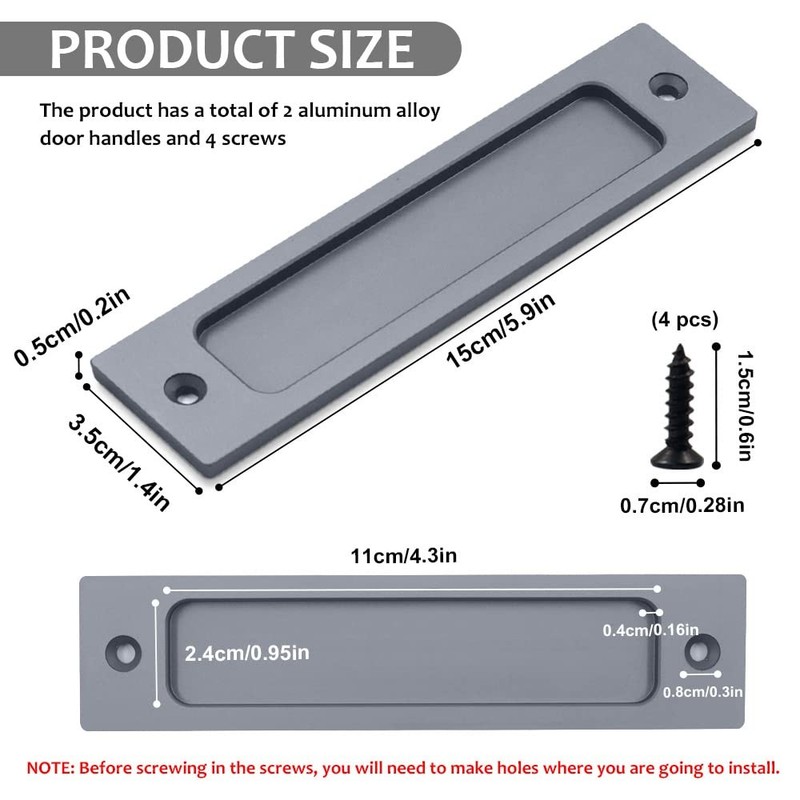 2 PCS Rectangular Recessed Door Pull Handle Metal Flat Backside Silver Flush gallery