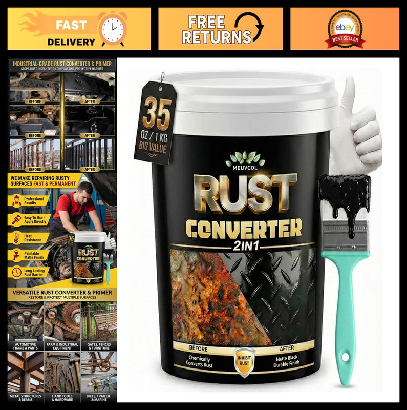 2-in-1 Rust Converter & Metal Primer, 35 oz Black Paint for Trailer, Truck, Car
