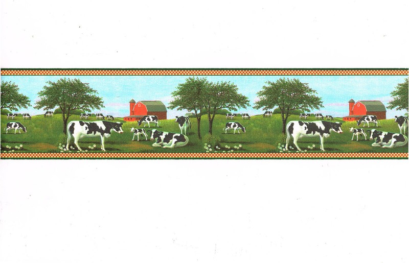 Black White Cows Pasture Country Farm Red Barn House Primitive Wallpaper Border gallery