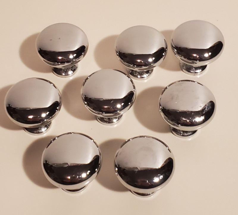 CHROME PLATED? HEAVY ROUND CABINET DRAWER PULL HANDLES LOT/8 KNOBS HARDWARE