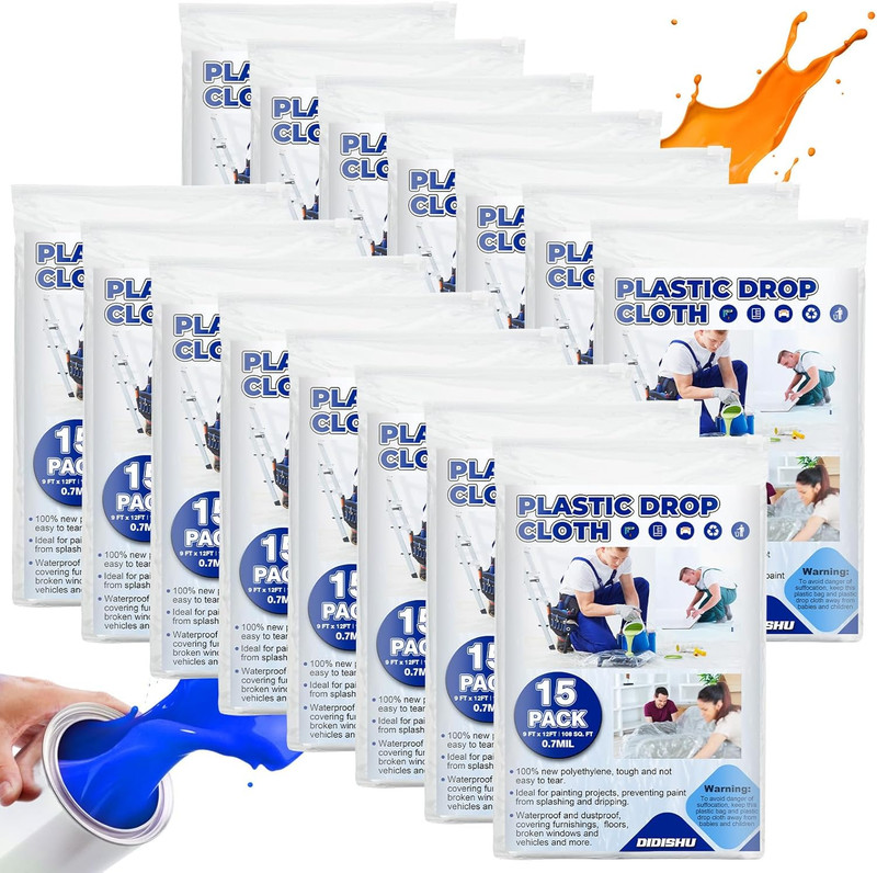 15 Pack Plastic Drop Cloths for Painting 9X12 Feet, Extra Thick Clear Plastic Pa
