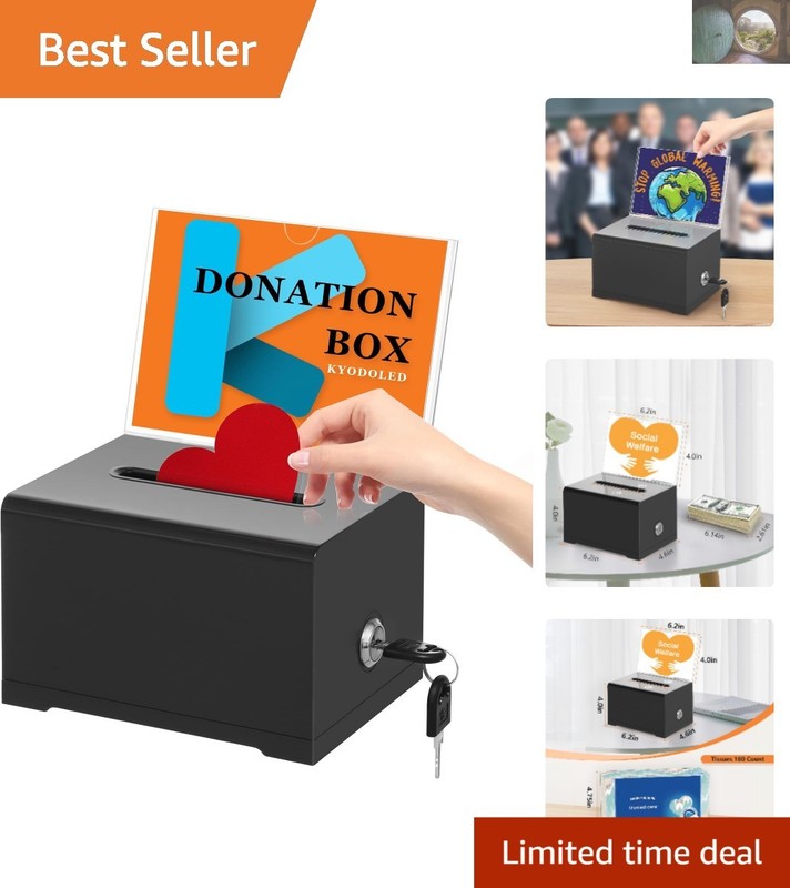 Versatile Black Donation Box with Key Closure – 6.2″L x 4.6″W x 4″H for Offices