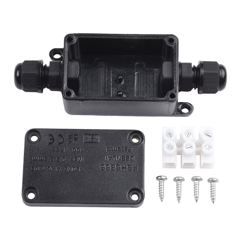 240V Black Waterproof Junction Box with 2 Ports for Outdoor Applications gallery