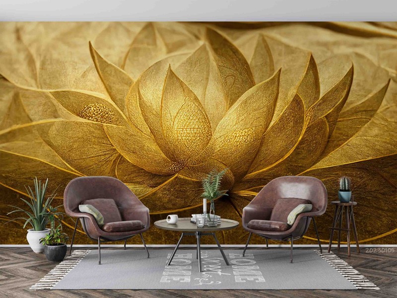 3D Gold Lotus Decoration Self-adhesive Removable Wallpaper Murals