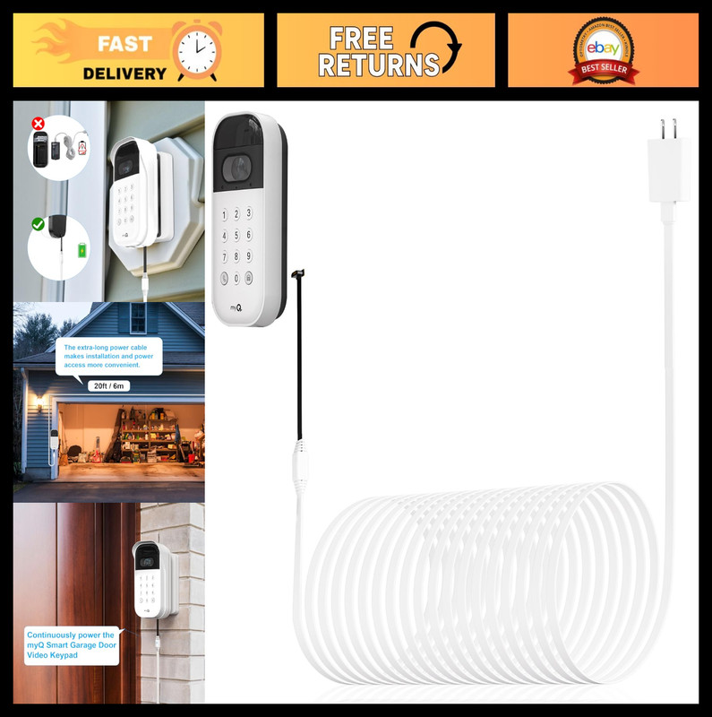 20ft Power Cable & Adapter for myQ Smart Garage Door Keypad – Weatherproof, Flat