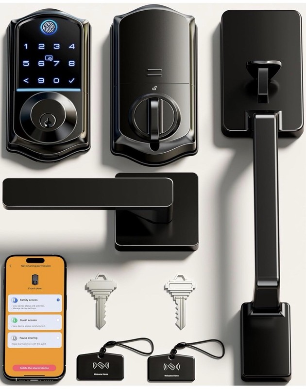 Veise VE017-D Smart Fingerprint Front Door Lock Set, App Control, 8-in-1 Keyless