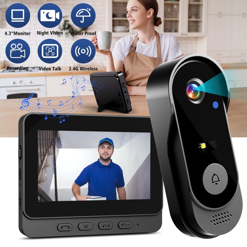 Wireless Video Doorbell Intercom System w/ 4.3" Monitor Waterproof Night Vision gallery