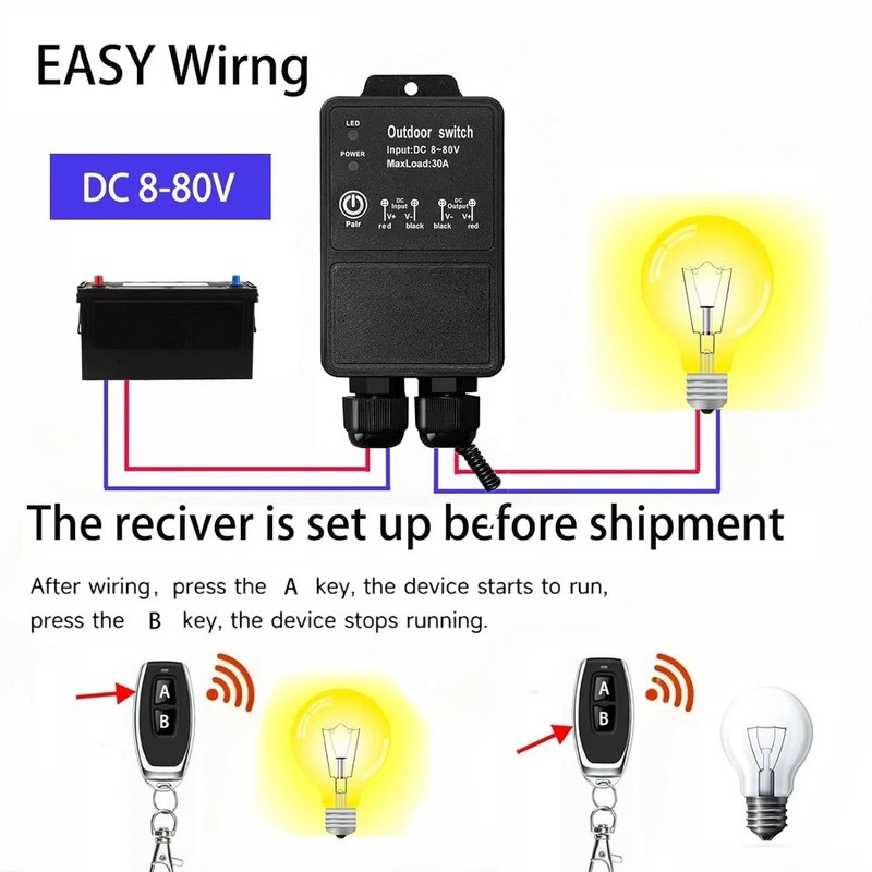 12V Remote Control Switch. IP67 Waterproof DC8-80V 30A Relay Wireless Switch wit gallery