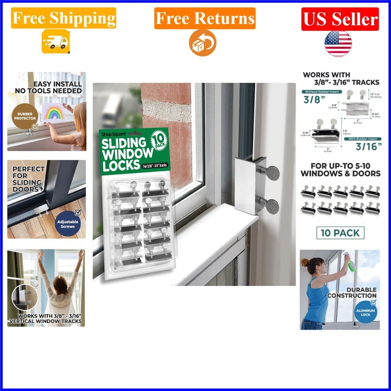 10 Pack Sliding Window & Patio Door Locks, Keyless, Aluminum, No-Drill Fit