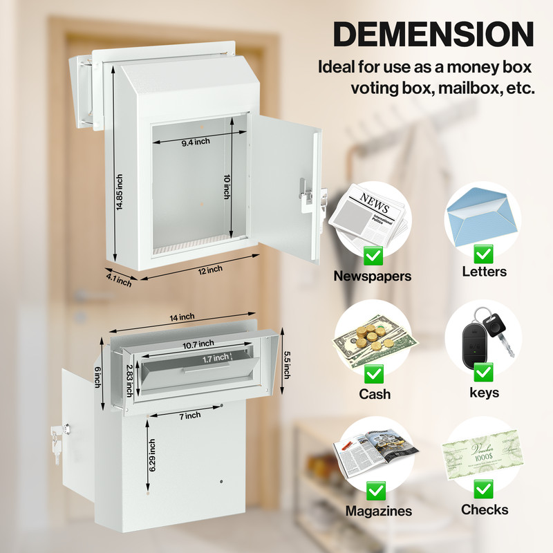 Door Drop Box for Mail, Rent, Deposit, Key - Door Mount Locking Mailbox (White) gallery