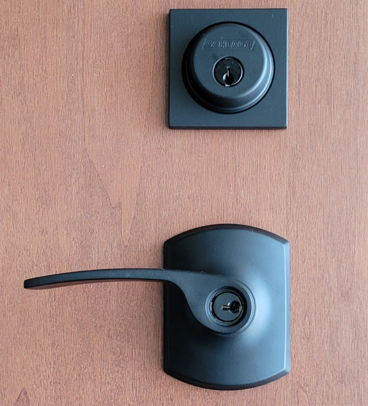 Schlage Matte Black Square Collins Deadbolt & Merano Greenwich Trim Combo Pack