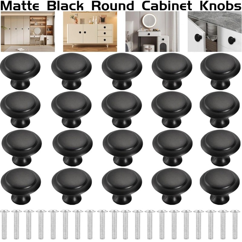 20PCS Matt Black Cabinet Hardware Round Knob Drawer Handles for Kitchen Cupboard