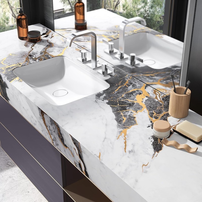 Black White Marble Contact Paper with Gold Veins Peel and Stick Countertops W... gallery