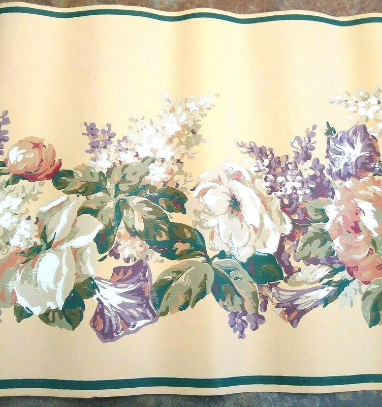 Victorian White Cabbage Rose Lilac Flower Floral Cream Green Wall paper Border gallery