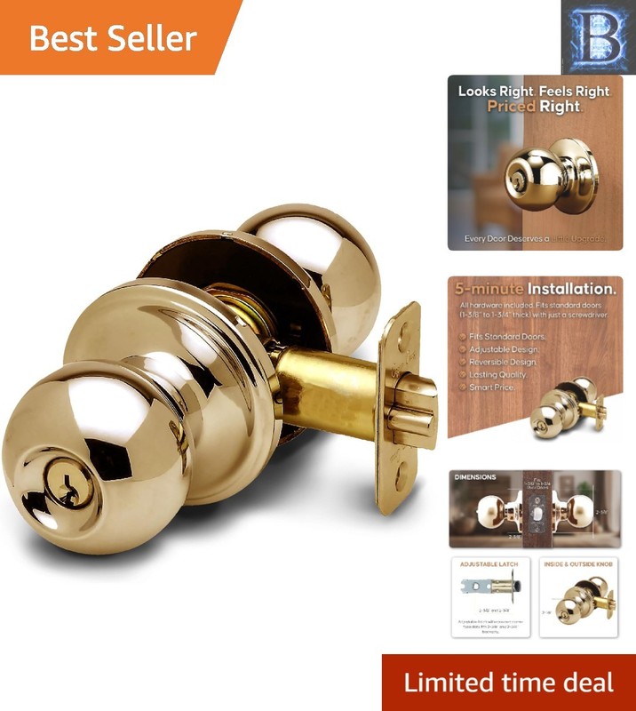 Durable Keyed Entry Knob for Interior & Exterior Doors – Polished Brass Finish
