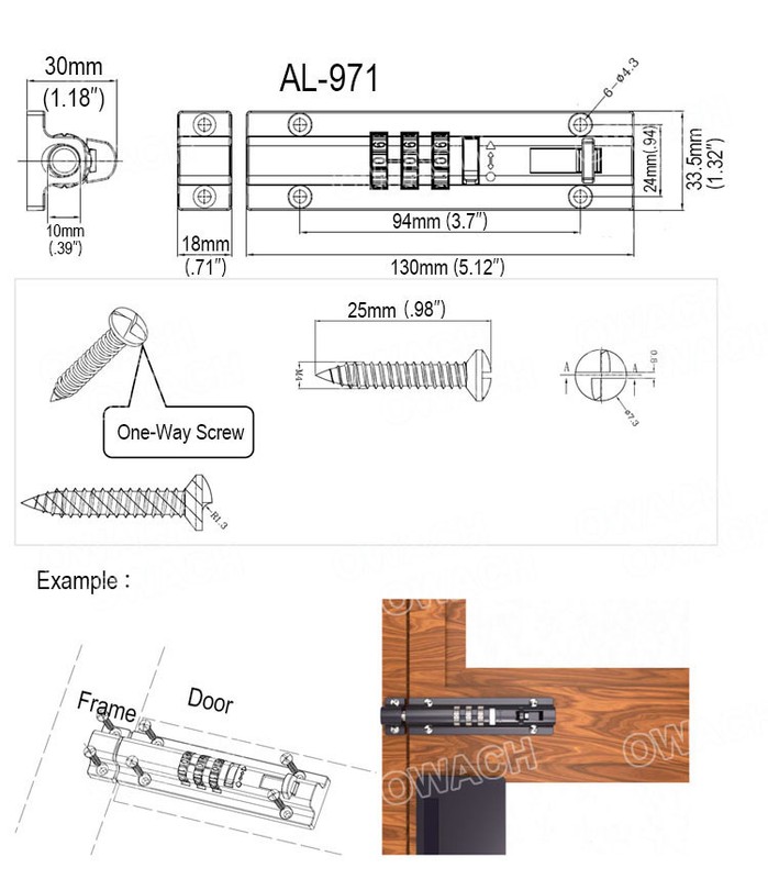 Combination Bolt Gate Lock Black (OWACH AL971) Combi bolt latch SUS Sliding bolt gallery