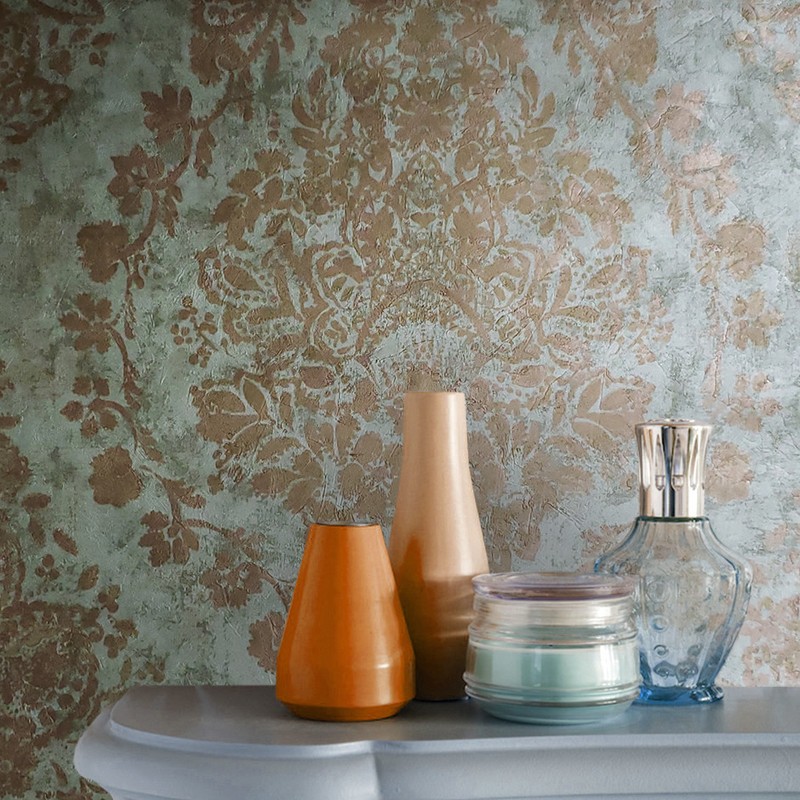 Textured Wallpaper green Metallic bronze vintage rusted Diamond Floral damask 3D