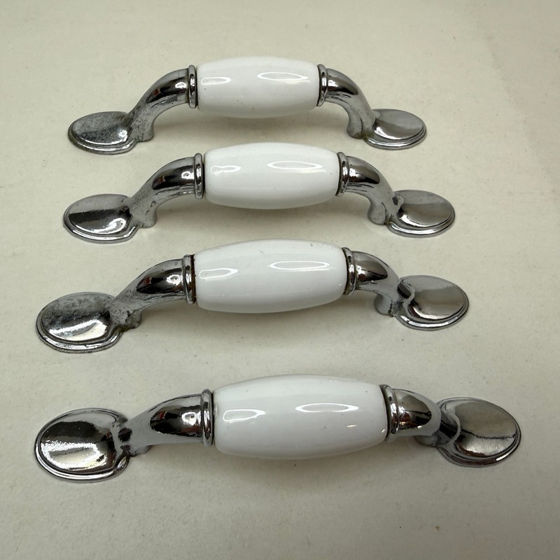 VTG 1980 4 PCS Porcelain Chrome Cabinet Dresser Drawer Pull Handles 5 Inch L