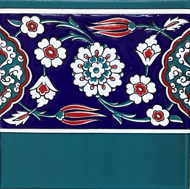 10 Turkish Turquoise, Red & Blue 8″x8″ Iznik Floral Pattern Ceramic Tile BORDER