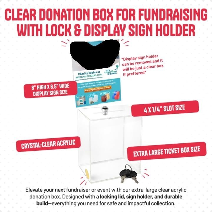 Extra Large Clear Donation Box 16"x8"x6" with Lock & Sign Holder - Fundraising, gallery