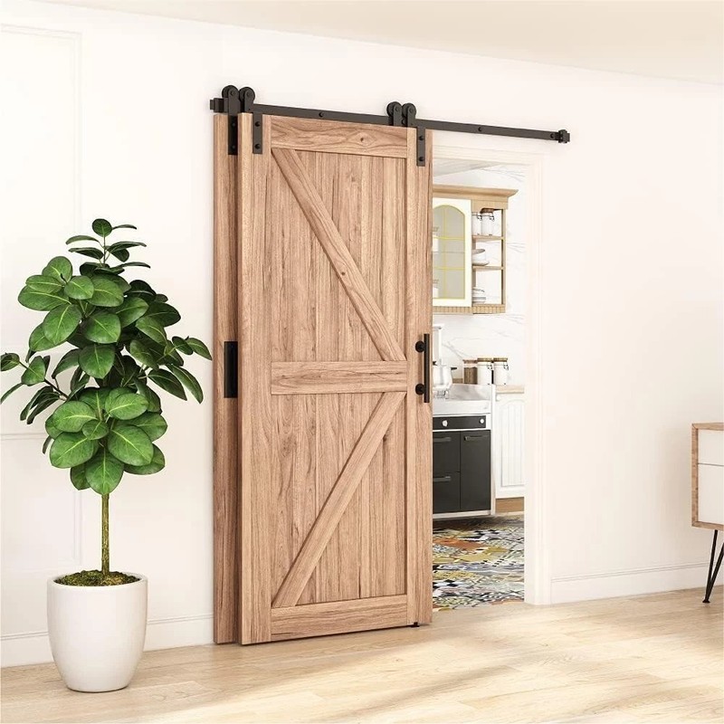 Rustic 6FT Bypass Barn Door Track Kit - Low Ceiling Black Steel Roller Hardware gallery