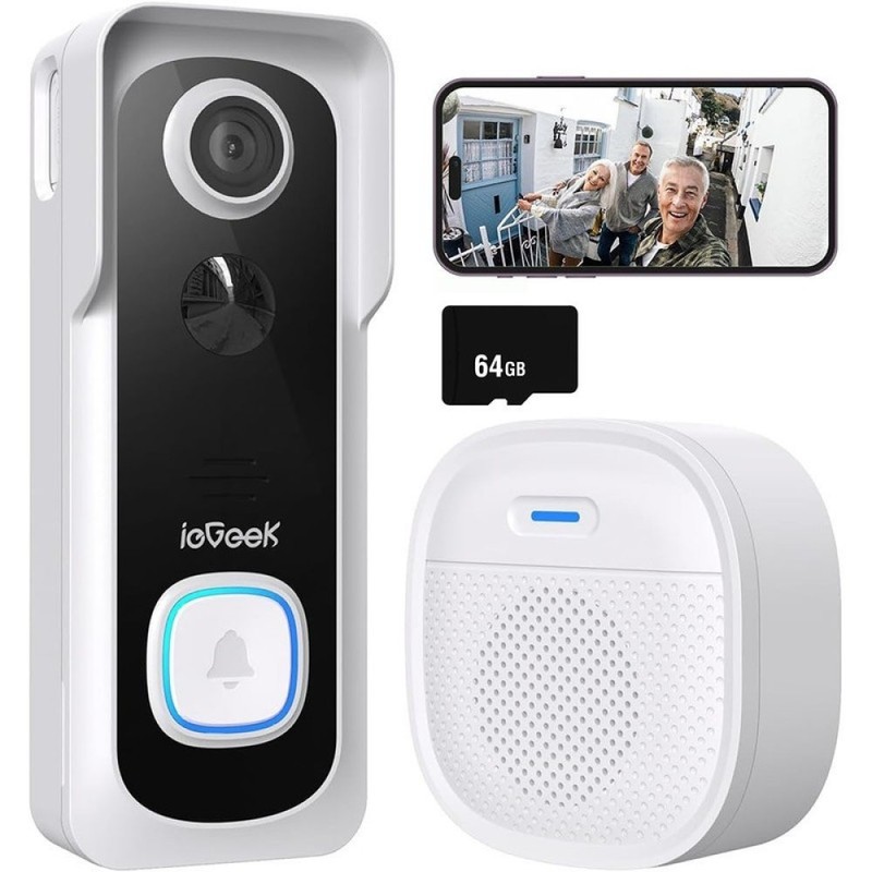 ieGeek 2K 3MP Doorbell Camera Wireless No Subscription, with Chime, 2.4GHz WiFi