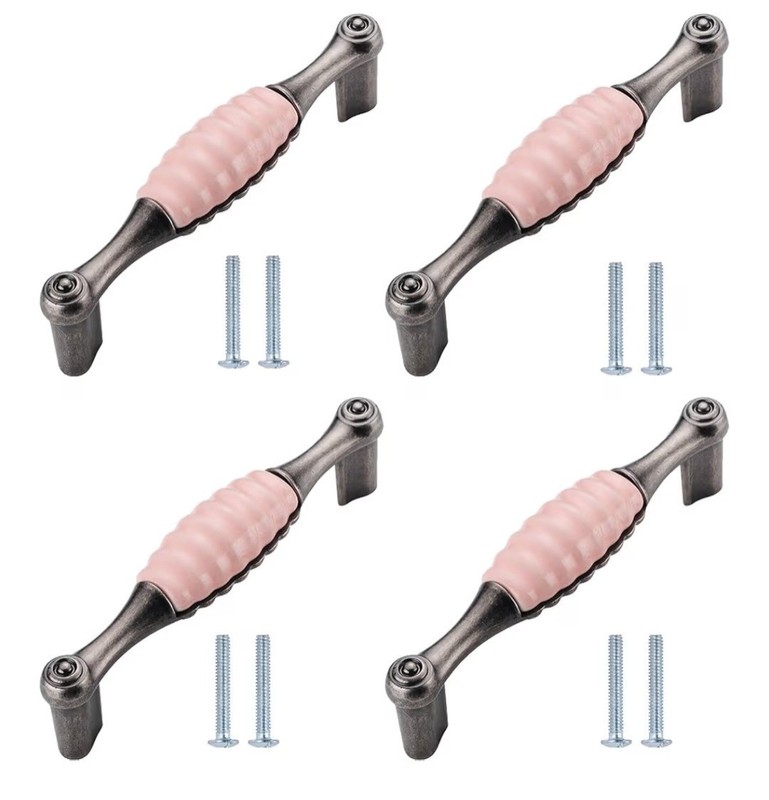 Geesatis 4 Pack Pink Ceramic Cabinet Pulls 5″ Center Zinc Alloy Handles w/Screws