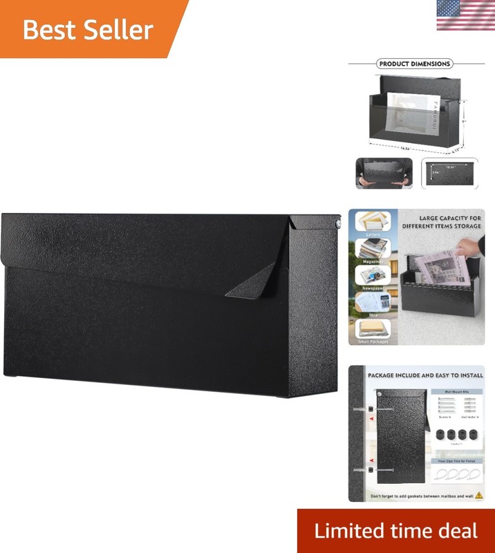 Stylish Wall-Mount Mailbox – Large Capacity Rust-Proof Black Steel Design