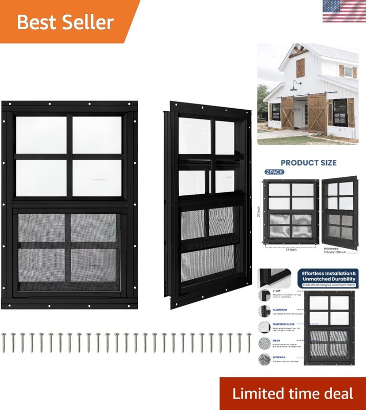 Weather-Resistant Shed Windows – 2 Pack 24″ x 27″ Black Aluminum with Screens