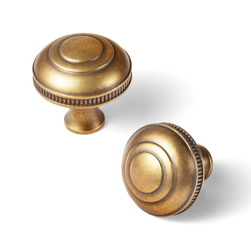 6 Pack Antique Brass Cabinet Knobs Reeded Dome – Concentric Ring Design, Zinc…