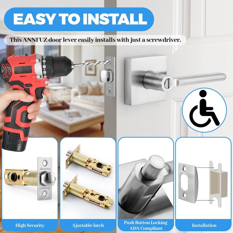 Privacy Push Button One-Touch Locking Interior Door Handle Without Key,Non-Ha... gallery