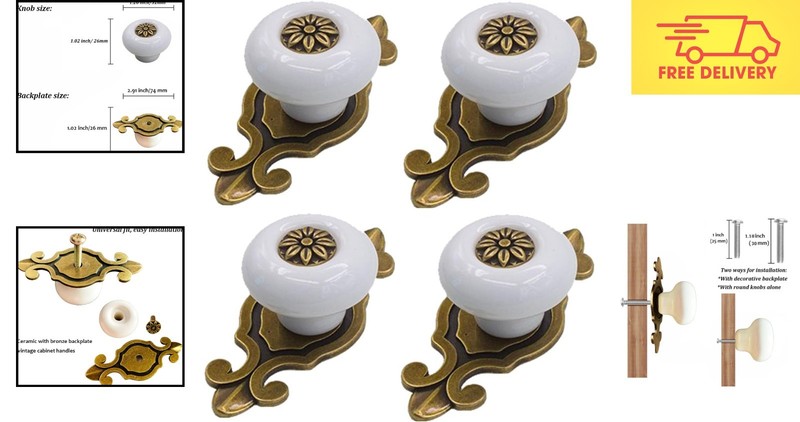 High-Quality Ceramic Knobs with Bronze Backplates for Cabinets - 4 Piece Set gallery