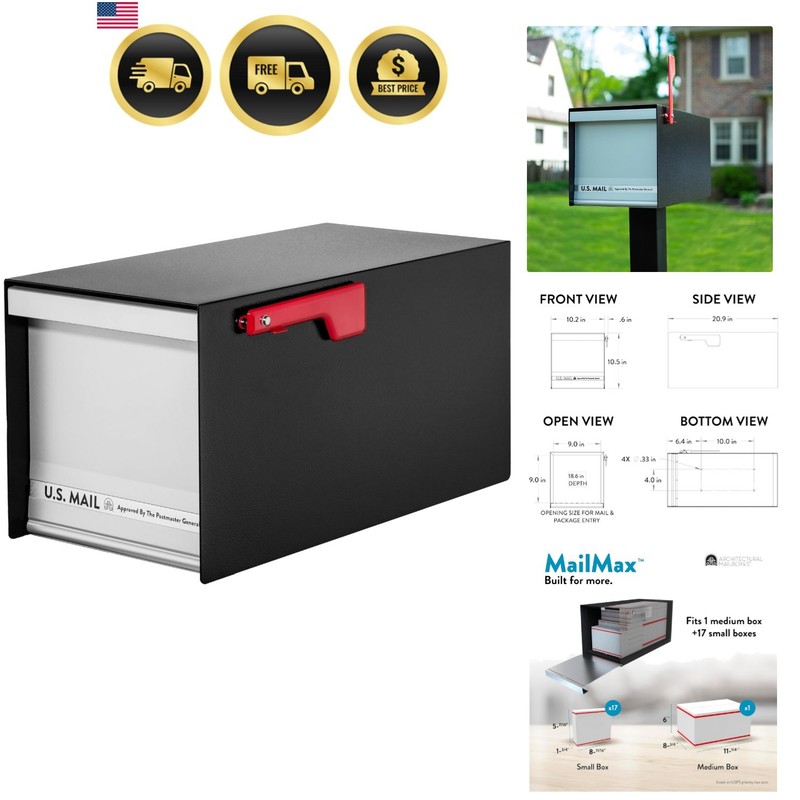 Metal Mailbox Post Mount Large Capacity Outside Rustproof Durable Black
