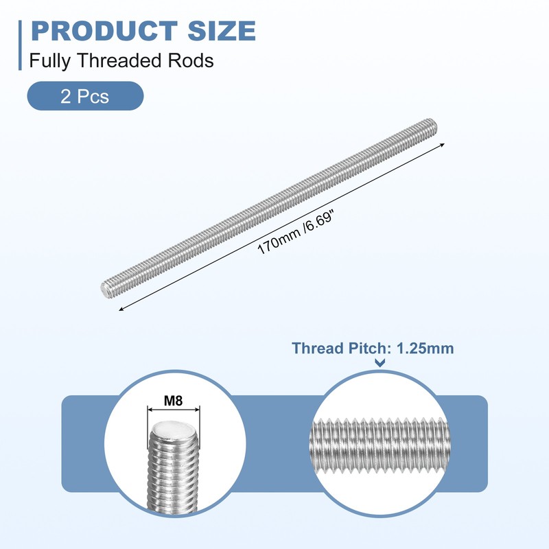 2Pcs M8-1.25x170mm Fully Threaded Rods, 304 Stainless Steel Thread Bar Studs gallery